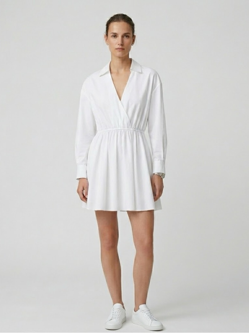 Zara White Cotton Wrap Style Mini Shirt Dress Long Sleeve Cottagecore Size Small